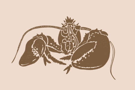Vector silhouette of crab , graphical sepia illustration, vintage seafood elementのイラスト素材