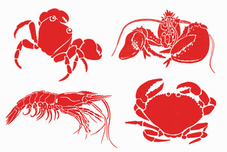 Graphical big set of red crabs,shrimps and lobsters isolated on white background,vector illustration, sea-food. Vector illustrationのイラスト素材