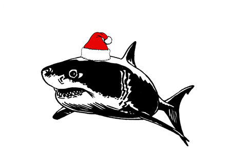 Graphical shark in Santa Claus hat isolated on white background,new year illustration. Vector illustrationのイラスト素材