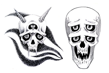 Graphical set of human skulls isolated on white, vector spooky element for tattoo,design and printのイラスト素材