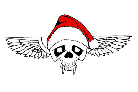 Graphical human skull in Santa Claus hat isolated on white background,vector element of Christmas spooky designのイラスト素材