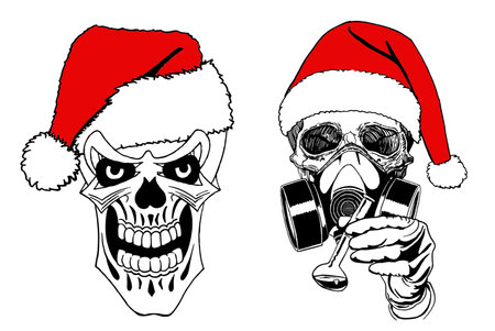 Graphical set human skulls in Santa Claus hat isolated on white background,vector element of Christmas spooky designのイラスト素材