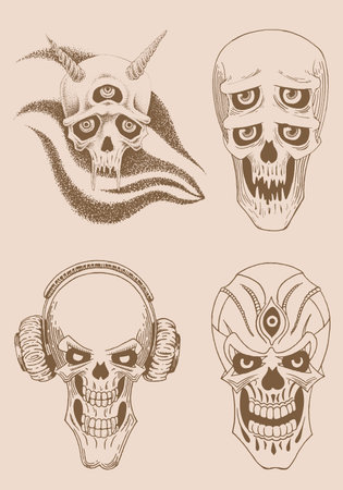 Graphical vintage set of human skulls, vector spooky element for tattoo,design and printのイラスト素材