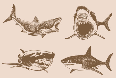 Graphical vintage set of sharks on sepia background,vector elements , great white sharkのイラスト素材