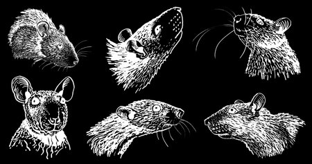 Graphical set of portraits of rats on black isolated,vector illustrationのイラスト素材