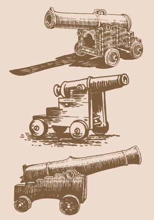 Graphical set of guns, a type of artillery piece on sepia background, vector elements of military weaponのイラスト素材