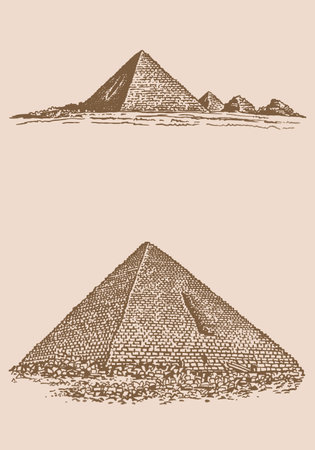 Graphical set of pyramids on sepia background, vector illustration. Egypt sightseeingのイラスト素材