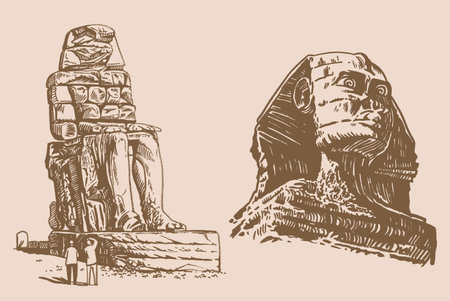 Graphical set of sphinx and Colossi of Memnon on sepia background,vector illustration . Egyptian architectureのイラスト素材