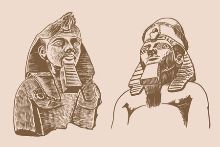 Graphical set of portraits of the ancient Egyptian pharaoh of the Fourth Dynasty Khafre on sepia...