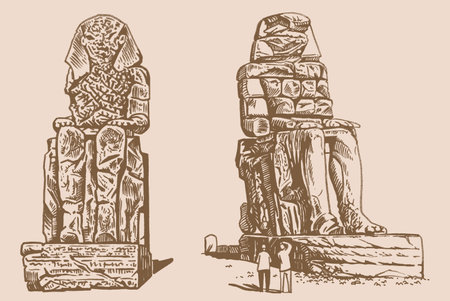 Colossi of Memnon on sepia background. Statues of Pharaoh Amenhotep III.Vector setのイラスト素材
