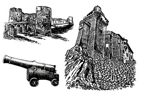 Graphical set of fortresses and medieval gun isolated on white background. Vector illustration, architectureのイラスト素材