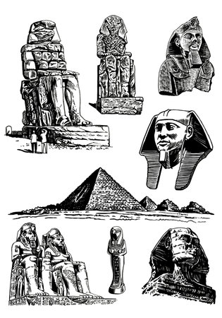 Graphical big set of Egypt landmarks isolated on white, vector illustration.のイラスト素材