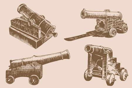 Graphical vintage set of guns, a type of artillery piece isolated on sepia backgroundのイラスト素材