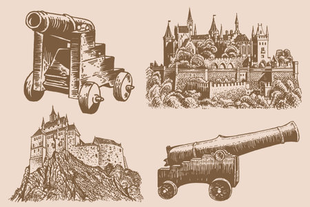 Graphical vintage set of fortresses and medieval gun isolated on sepia background. Vector illustration, architectureのイラスト素材