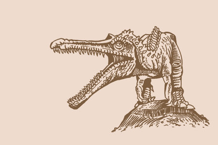 Graphical spinosaurus ,vector vintage illustraion, dinosaur with open mouth,crocodileのイラスト素材