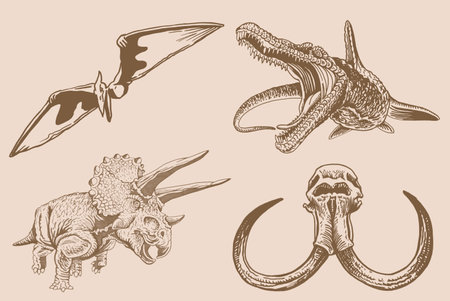 Graphical set of dinosaurs on sepia background,vector vintage illustration for tattoo and printingのイラスト素材