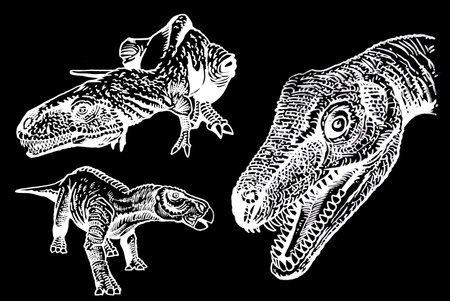 Graphical set of dinosaurs on black background,vector engraved illustration for tattoo and printingのイラスト素材