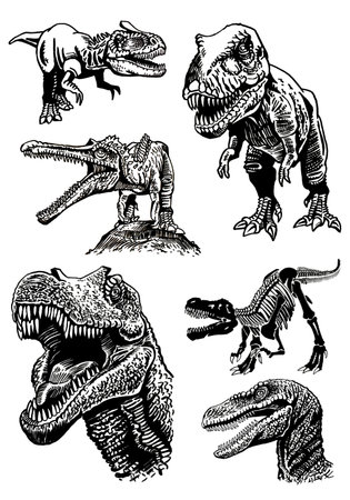 Graphical set of dinosaurs on white background,vector illustration for tattoo, design and printingのイラスト素材