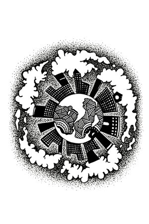 Abstract illustration, circle and geometric shapes in the middle. Vector drawingのイラスト素材