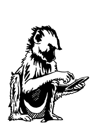 Graphical monkey sitting and pressing fingers smartphone on white background, vector illustrationのイラスト素材