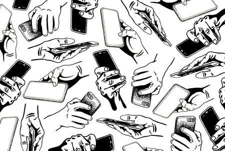 Graphical wallpaper design with human hands holding smartphones on white, business and technology concept.のイラスト素材