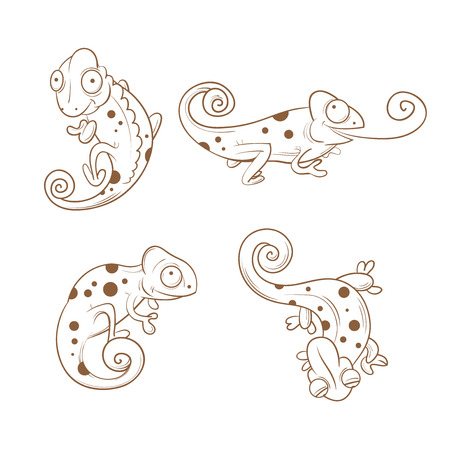 Cartoon cute chameleons set. Four reptiles in different poses. Funny animals. Children's illustration. Transparent background.のイラスト素材