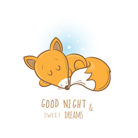 Card with cute cartoon sleeping fox. Little funny animal. Bedtime. Children's illustration. Vector image.のイラスト素材