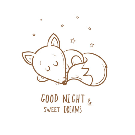 Card with cute cartoon sleeping fox. Little funny animal. Bedtime. Children's illustration.のイラスト素材