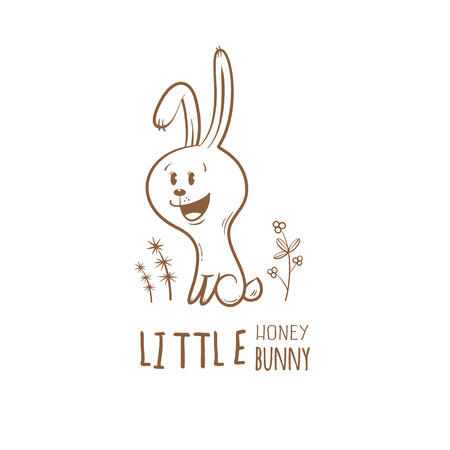 Card with cute cartoon hare. Little funny bunny. Children's illustration. Vector contour image. Tnsparent background.のイラスト素材