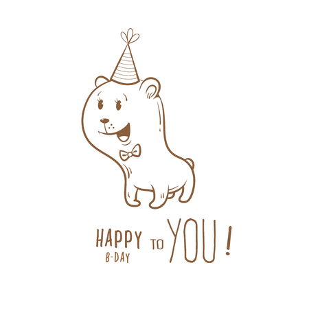 Birthday card with cute cartoon bear in party hat. Little funny animal. Children's illustration. contour image. Transparent background.のイラスト素材