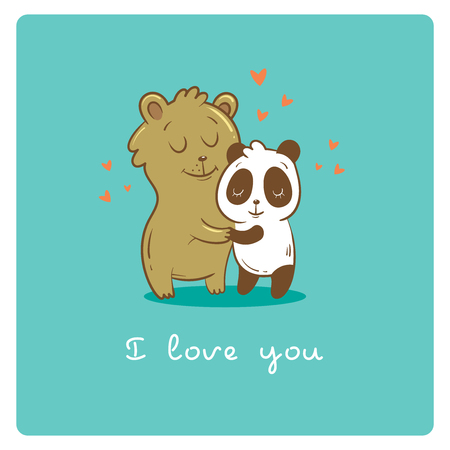Valentine's card with cute cartoon  bear and panda on  turquoise background. Happy couple. Animals Lovers. Children's illustration. Vector image.のイラスト素材