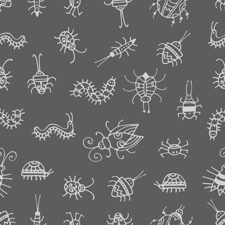 Seamless pattern with cute cartoon beetles on  gray background. Various insects and bugs. Vector contour image. Doodle style.のイラスト素材