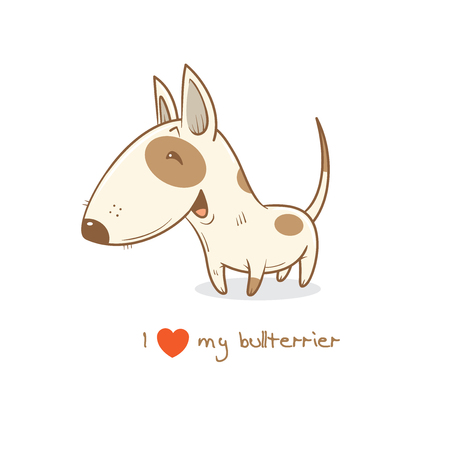 Card with cute cartoon dog breed  bull terrier. Children's illustration. Little puppy. Funny baby animal. Vector image.のイラスト素材