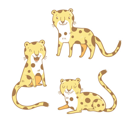 Cute cartoon leopards set. Three little wild kitten. Funny african animals. Children's illustration. Collection for kids. Vector image.のイラスト素材