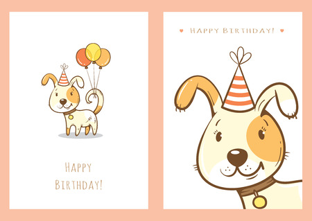 Birthday cards set with cute cartoon dogs. Balloons and party hats. Vector contour image. Little puppies. Funny animals.のイラスト素材
