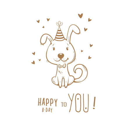 Birthday card  with cute cartoon dog in  party hat. Vector contour  image no fill. Little puppy. Funny animal.のイラスト素材