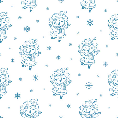 Seamless pattern with cute cartoon hedgehogs  in coats  and hats on white background. Winter time. Snow day. little creatures in clothes. Funny animal. Vector contour image. Children's illustration.のイラスト素材