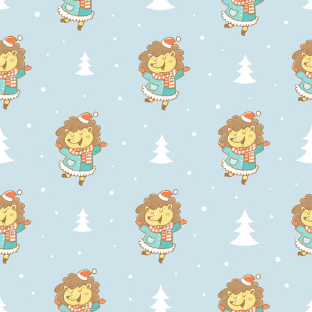 Seamless pattern with cute cartoon hedgehogs  in coats  and hats on blue  background. Winter time. Snow day. little creatures in clothes. Funny animal. Vector contour image. Children's illustration.のイラスト素材