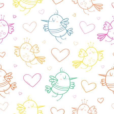 Seamless pattern  by Valentine's Day on white background. Cute cartoon birds in love. Funny animals. Vector image. Symbol of heart.のイラスト素材