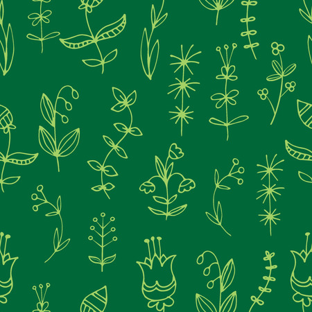 Seamless pattern with grass and flowers on  white background. Different types of plants.のイラスト素材