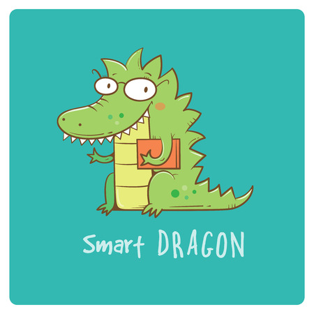 Card with cute cartoon dragon in glasses. Smart reptile with book. Funny animal. Vector contour image. Children's illustration.のイラスト素材