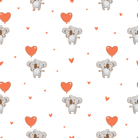 Valentine's seamless pattern  with cute cartoon  koalas  on  white  background. Happy animals. Funny Lovers. Red balloons. Children's illustration. Vector image.のイラスト素材