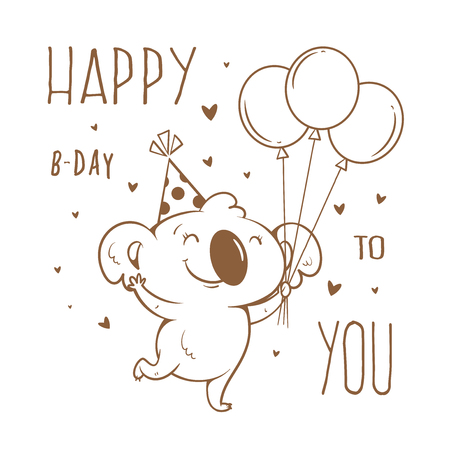 Birthday card  with cute cartoon koala on white background. Balloons and party hats. Vector contour image no fill. Little funny baby animal. のイラスト素材