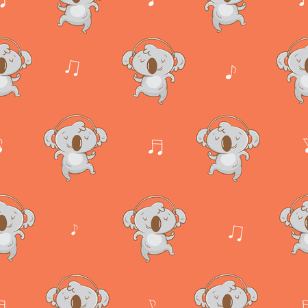 Seamless pattern  with cute cartoon koalas  listening to music in earphones on red background. Vector contour  image. Little funny baby animal. Children's illustration.のイラスト素材