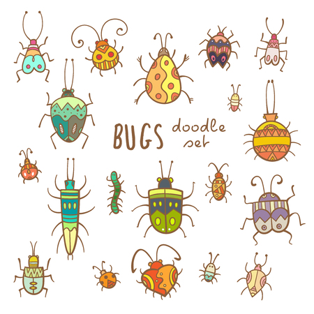 Cartoon bugs set. Different species of beetles.  Funny insects collection. Doodle style. Vector contour coloring image.のイラスト素材