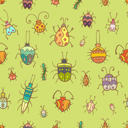 Seamless pattern with cute cartoon beetles on green  background. Various insects and bugs. Vector contour image. Doodle style.のイラスト素材