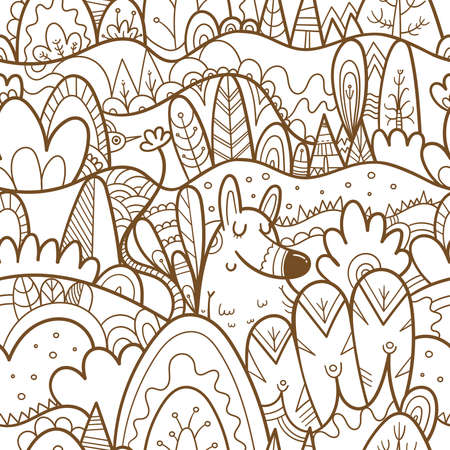 Seamless pattern with fairy forest on white background. Fantastic funny animals, plants and trees. Vector contour doodle image.のイラスト素材