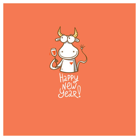 New Year card with a bull. Chinese calendar symbol. Vector holiday poster. Funny animal.のイラスト素材
