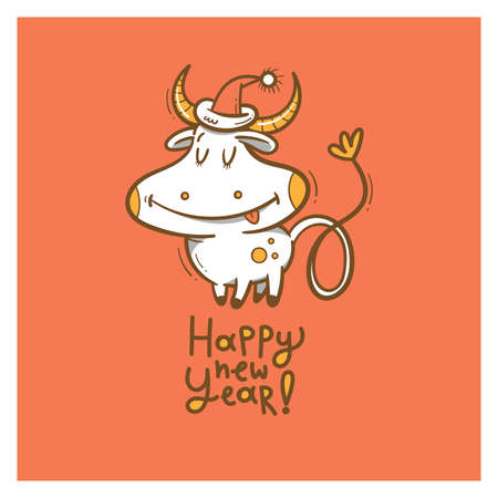 New Year card with cute cartoon bull. Chinese calendar symbol. Vector holiday poster. Funny animal. Contour doodle colorful image.のイラスト素材
