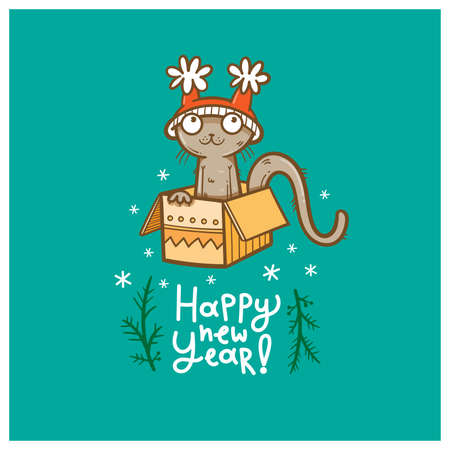 New Year card with cute cartoon cat in hat. Funny kitten. Joyful animal, pretty pet. Merry Christmas and Happy Holidays. Vector contour coloroful image.のイラスト素材